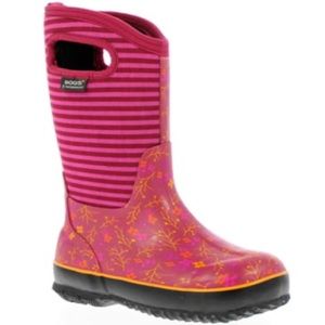 BOGS boots big girls pink/orange striped and floral pull on winter boot Sz 4 EUC
